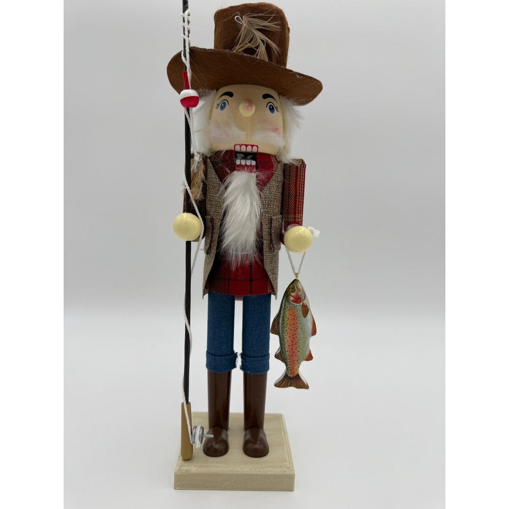 14" Fisherman Nutcracker Fishing Pole Rainbow Trout Rustic Christmas Decor NEW